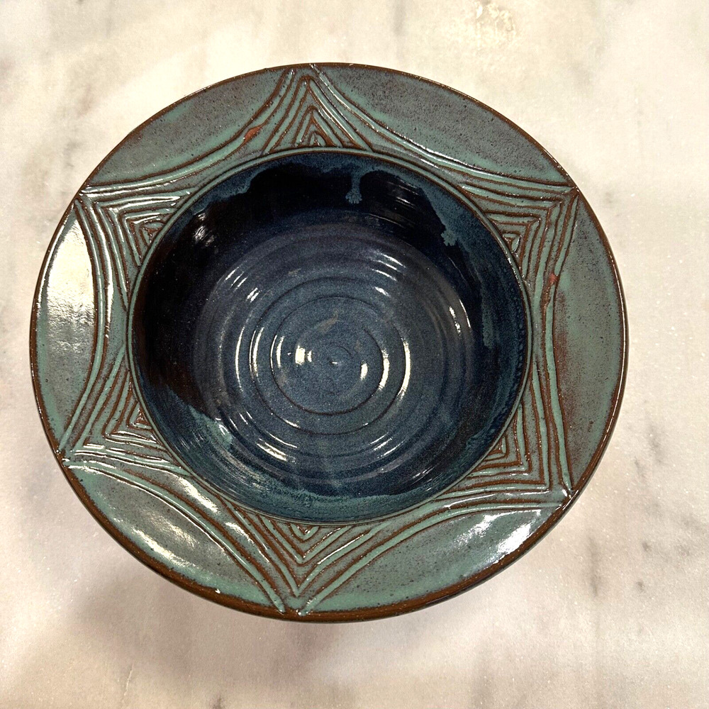 Large Pottery Fruit Bowl Centerpiece Server Decorative Turquoise Blue 2002